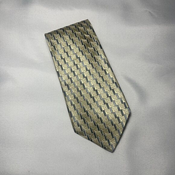 Ermenegildo Zegna Mens Neck Tie Tan Blue Geometric Rectangle 100% Silk Italy - Picture 1 of 4